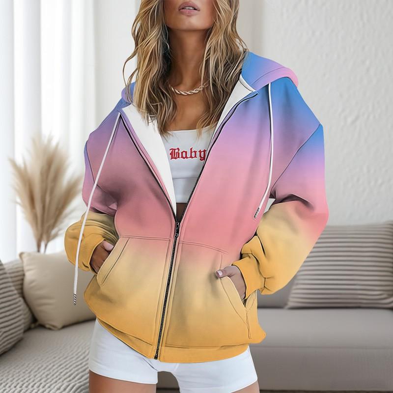Womens Gradient Striped Hooded Zip-Up Sweatshirt Casual Oversized Long Sleeve Top Fall 2025