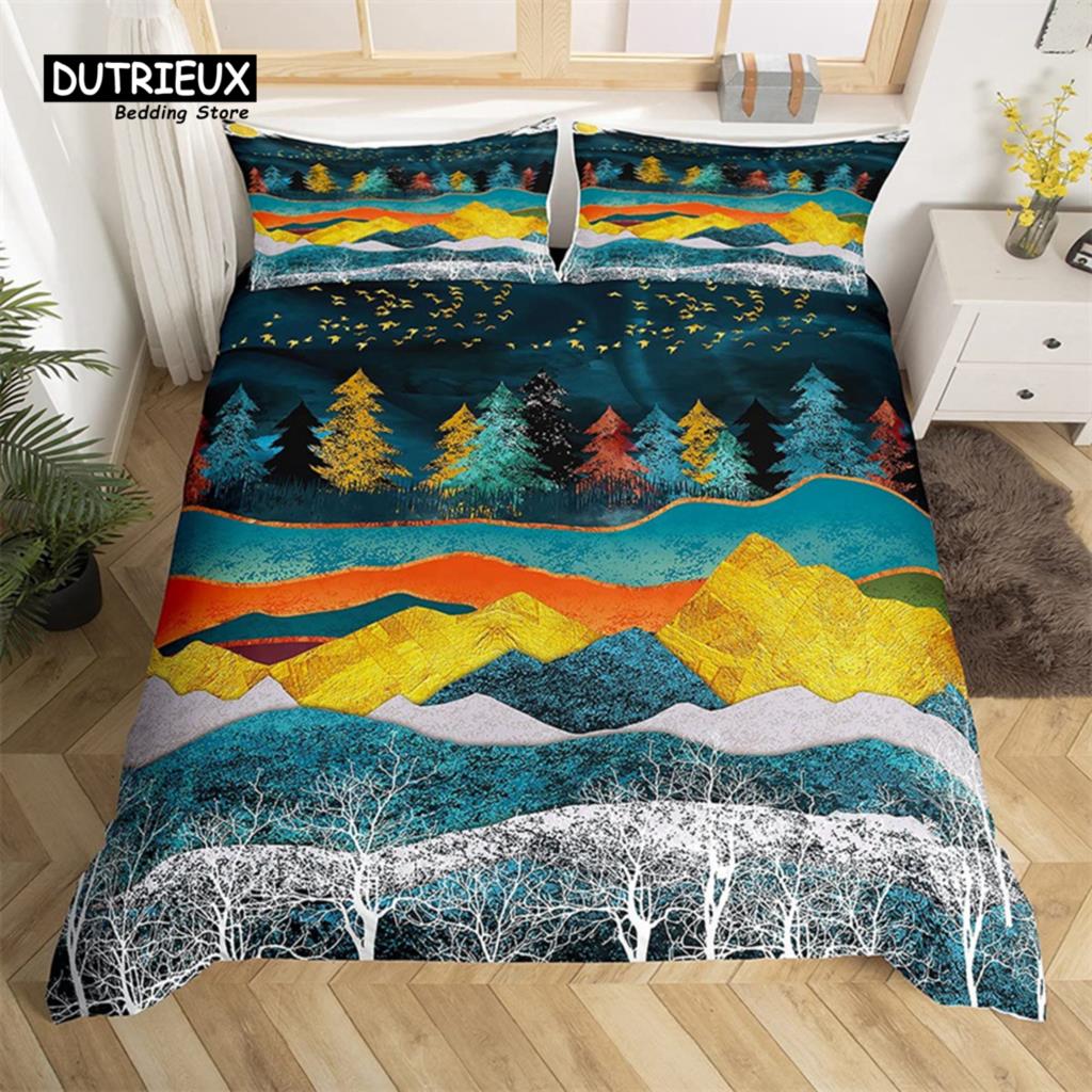 Abstract Mountain Duvet Cover Natural Scenery Art King Bedding Set For Nature Lover Gift Woodland Hiking Adventure Quilt Cover