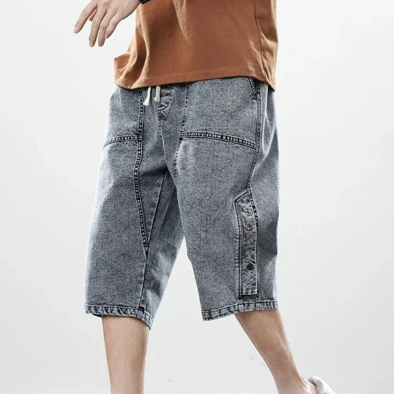 8XL Summer Men's Jeans Denim Breeches Calf-Length Casual Shorts Washed Cotton Drawstring Straight Capris Pants Big Size