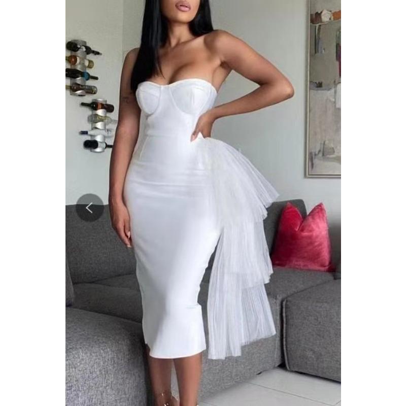 Summer new bandeau tight buttocks celebrity temperament long skirt bandage laminated mesh design dress