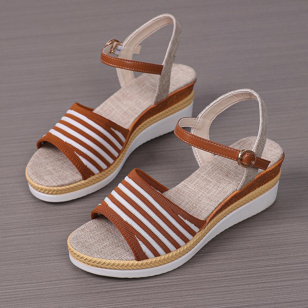 Wedge heel platform sandals women's summer 2025 new models go out elastic weaving color ribbon Roman sandals women black