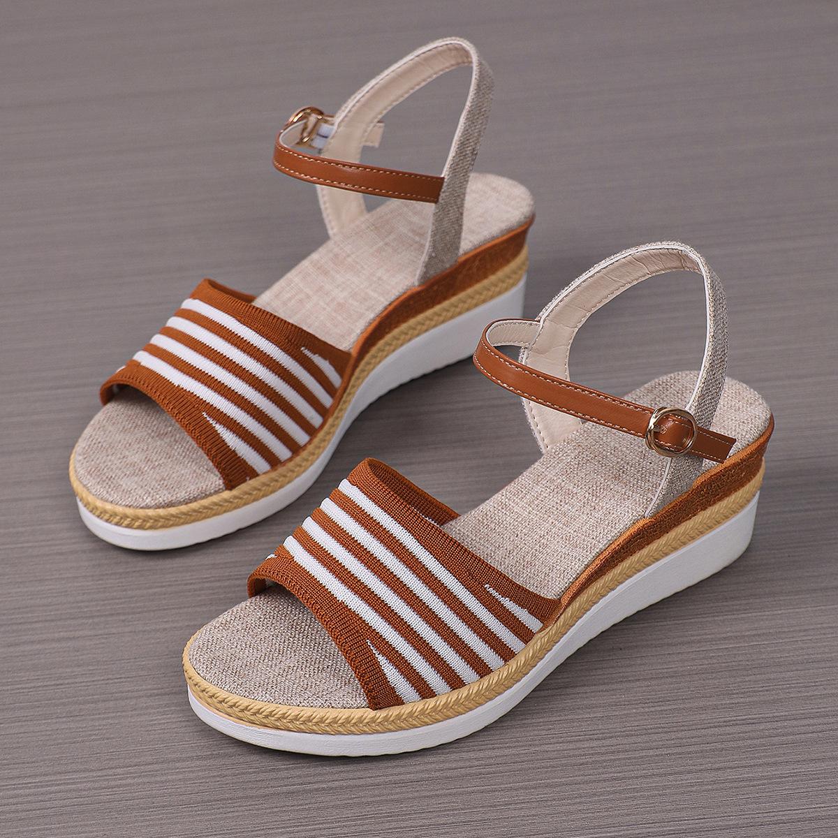 

Wedge heel platform sandals women s summer 2025 new models go out elastic weaving color ribbon Roman sandals women black 42 коричневый