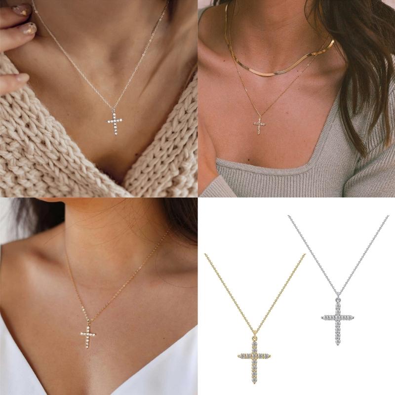 Elegant CZ Stone Paved Crosses Necklace Exquisite Crosses Pendant Necklace Jewelry with Shimmering Zircon Embellishment