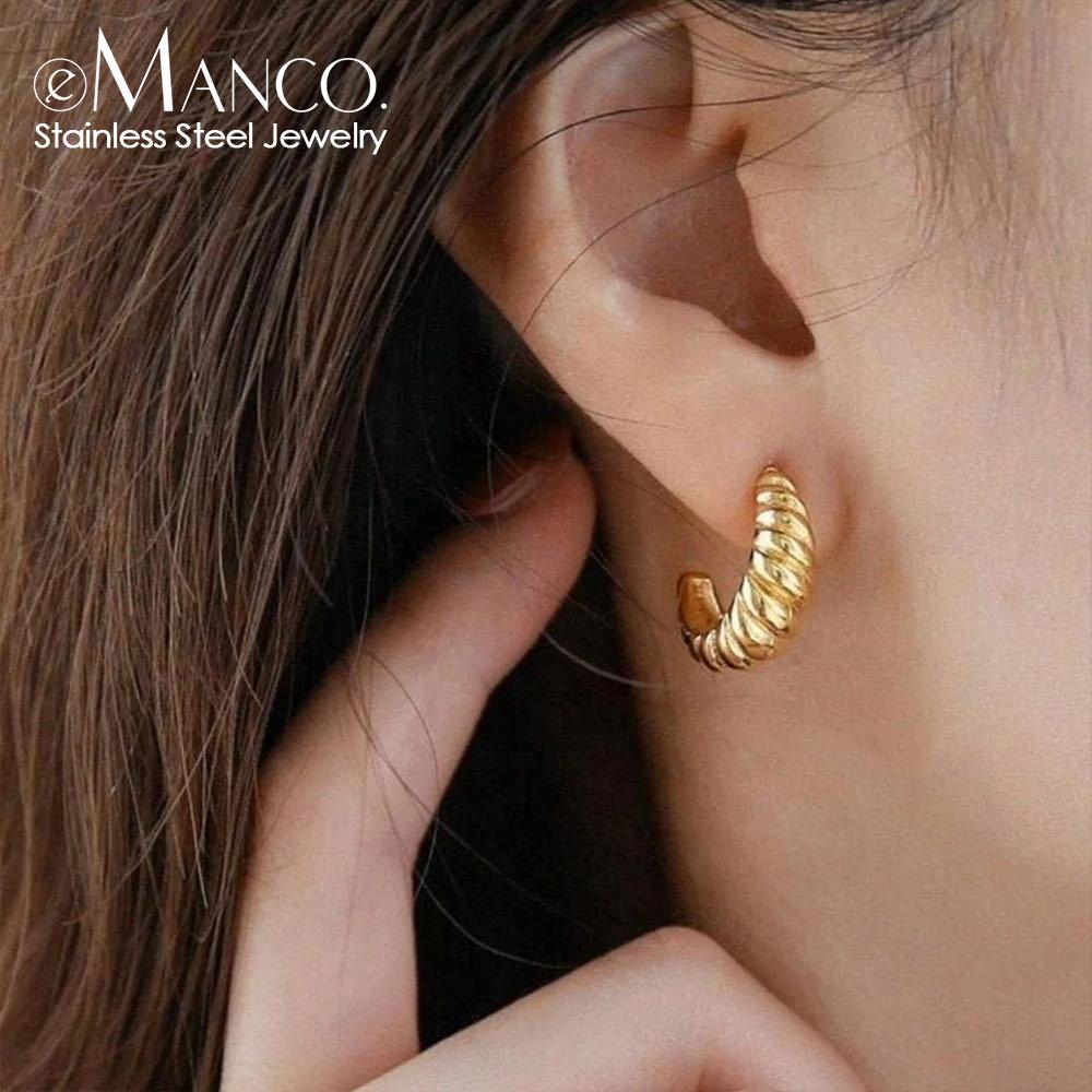 eManco Vintage Twist Croissant Hoop Earrings Stainless Steel for Women Elegant Minimalist Geometric Jewelry