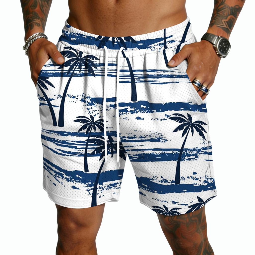 Men's Casual Lightweight Quick Dry Drawstring Shorts with Tropical Leaf Print Five Inch Inseam Beachwear Swim Trunks