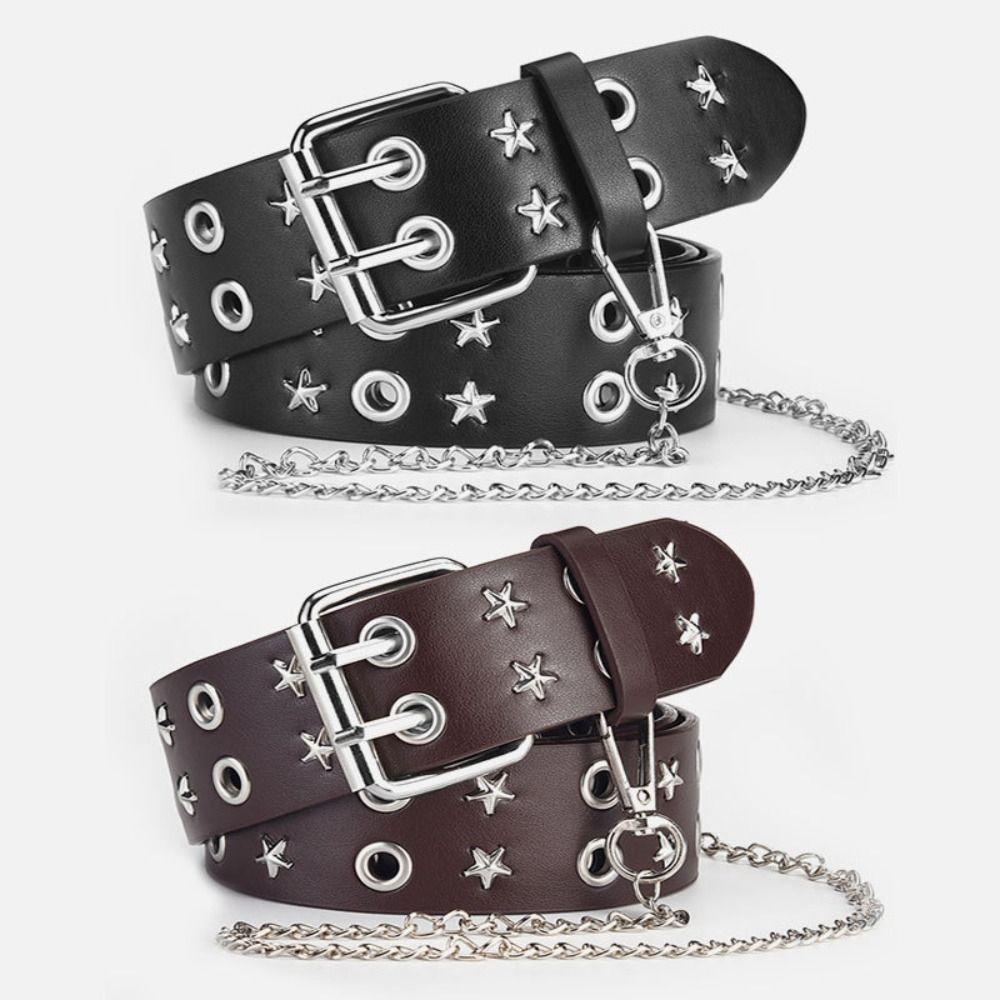 Metal Star Rivet Belt PU Leather Y2K Belt Vintage Double Row Buckle Waistband Female