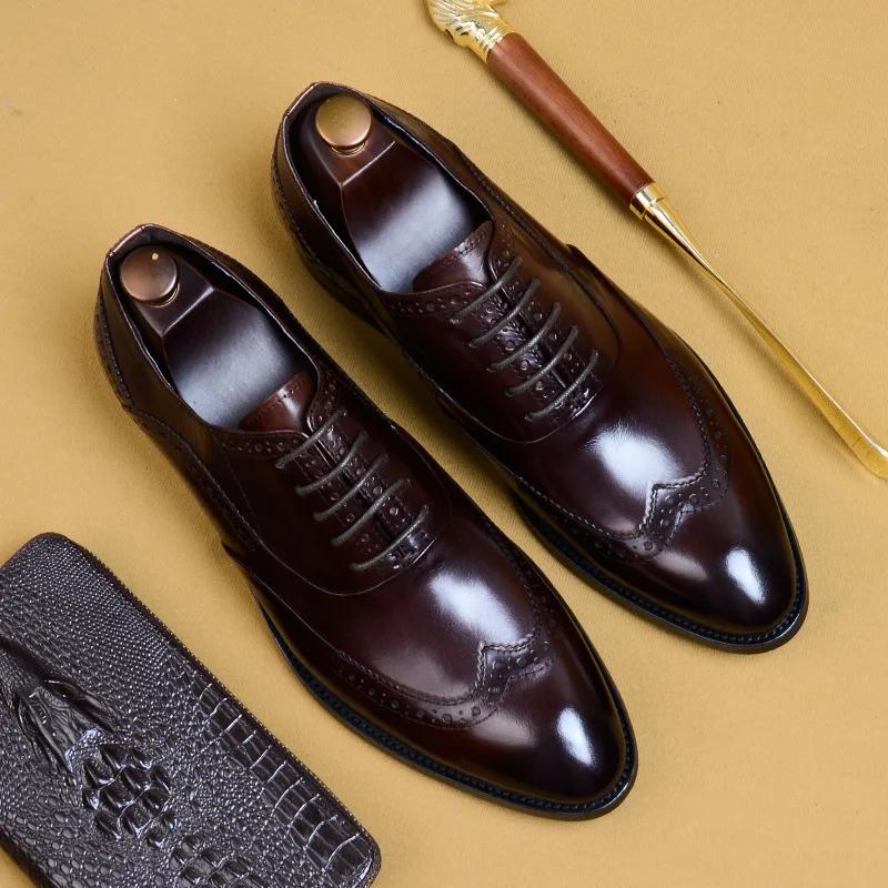 Genuine Cow Leather Brogue Wedding Business Men Casual Flats Vintage Handmade Oxford Shoes for Men Black Burgundy 2024