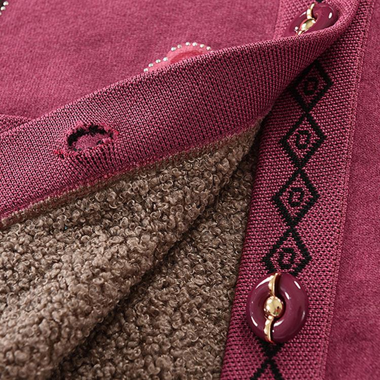 Mom Cardigan Top Female Grandma Round Neck Pattern Knitted Sweater Plus Velvet Thickened Autumn Clothes for Middle-aged and Elderly People