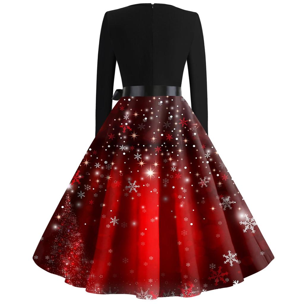 Dámské módní ležérní šaty s čtvercovým výstřihem, slim, s vánočním potiskem, s dlouhým rukávem