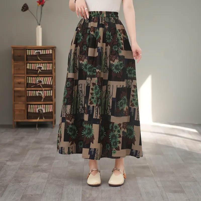Skirt for Women Casual Vintage Floral Elastic High Waist Long Loose Trousers Stretchy Slim Skirt