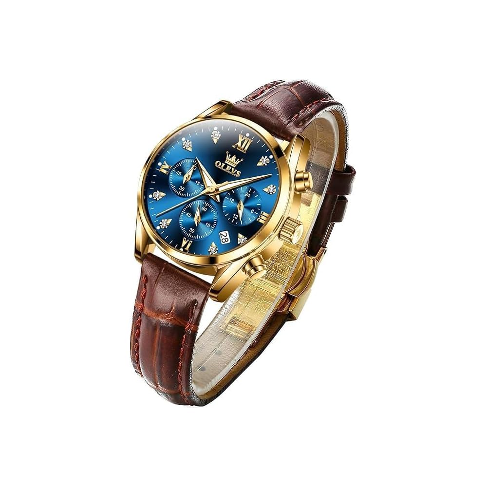 OLEVS Women s Quartz Watch Gold and Blue Leather Strap Luminous Dial 30M Water Resistant