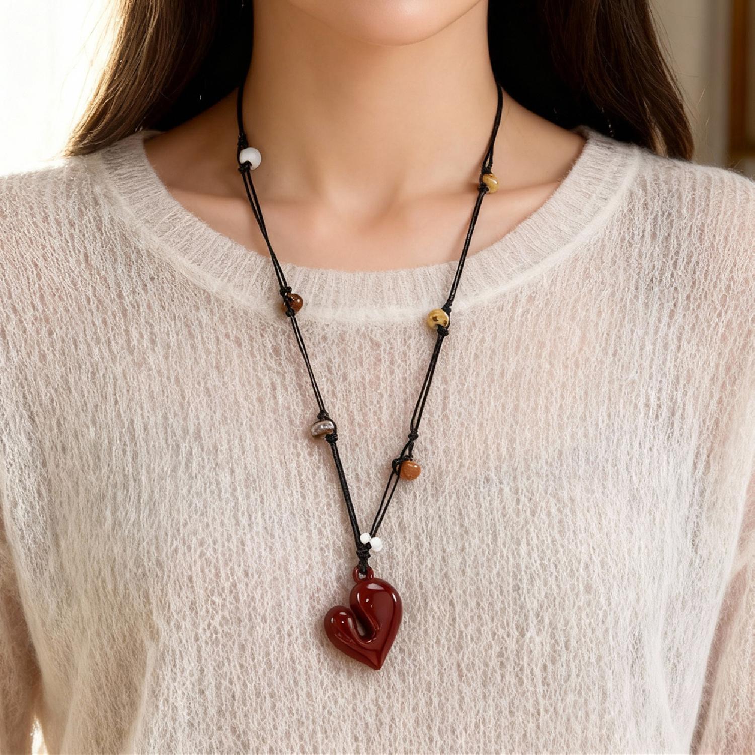 

Trendy Flowers Beads Irregular Red Heart Pendant Necklaces for Women Handmade Black Rope Adjustable Sweater Chain Party Jewelry