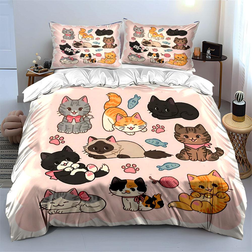 Cute Cartoon Cats Pattern Set Bedding Duvet Cover Set Duvet Cover Pillowcases (1*Duvet Cover 2*Pillowcases, Without Duvet Insert)