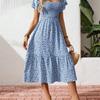 Women's Square Collar Waist Printed Bubble Sleeve Dress S-XXXL