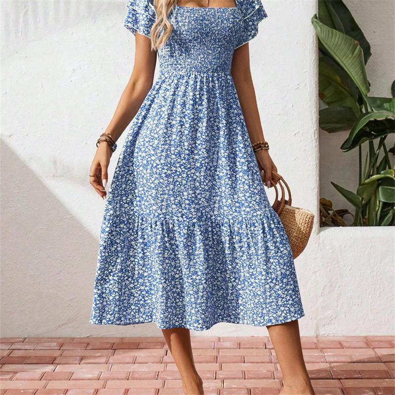 Women's Square Collar Waist Printed Bubble Sleeve Dress S-XXXL