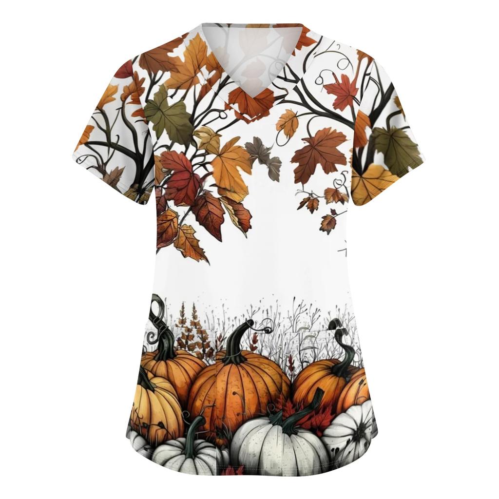 Womens V Neck Short Sleeve Work Shirt Side Slit Pockets Halloween Print Top Casual Comfortable Fit