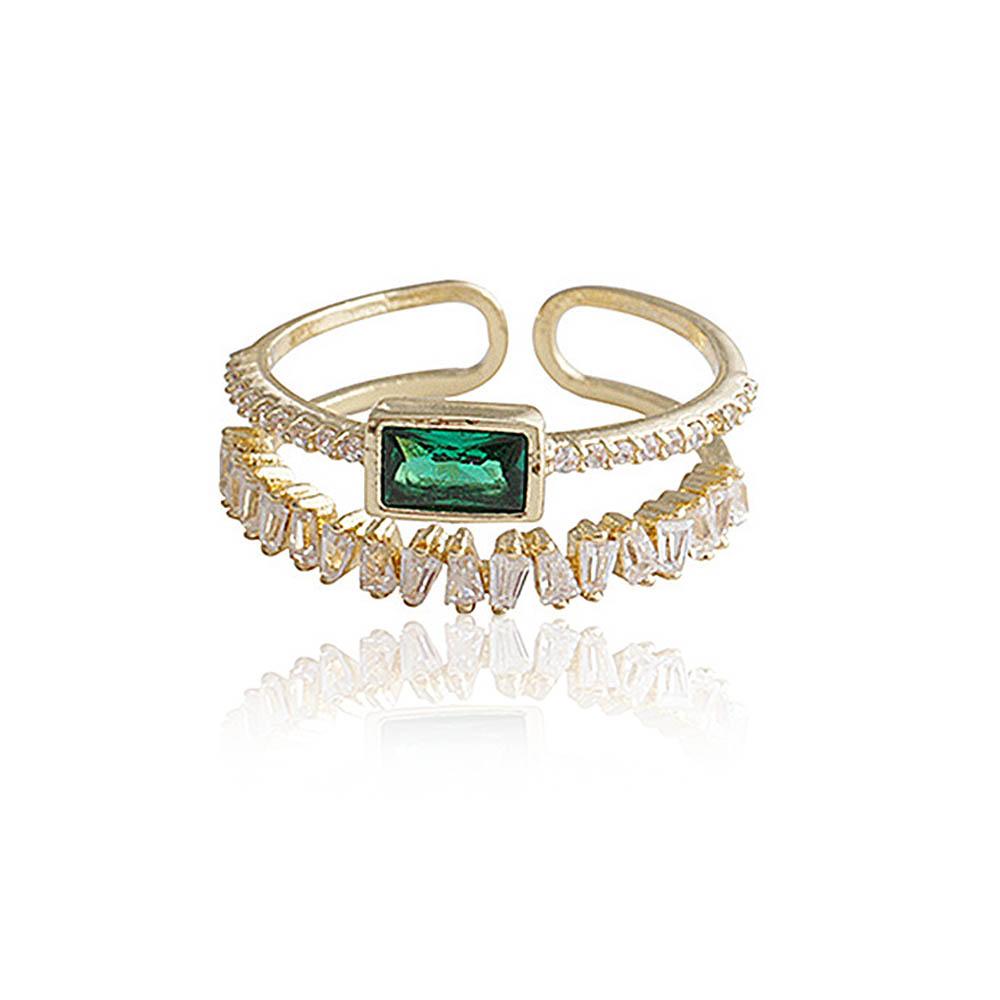 Huitan Korean Style Double Layer Finger Ring For Women Green Cz Geometric Shape Fashion Versatile Opening Rings  New Jewelry