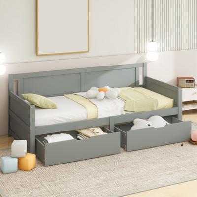 Sofa Bed, Single Bed with Two Storage Compartments, Solid Wood Frame, Solid Wood Bed, Youth Bed, Cot, Gray