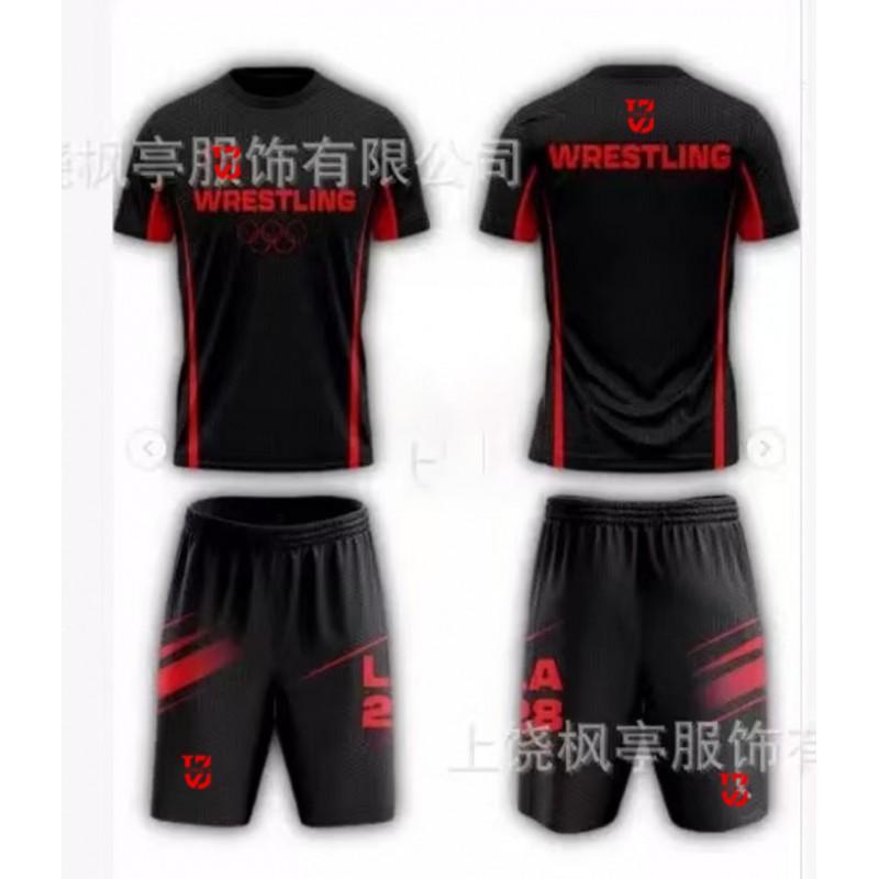 Mens Sportswear Set Wrestling Training 3D Printed Short Sleeve T-Shirt Shorts Breathable Mesh Fabric Casual Athletic Wear