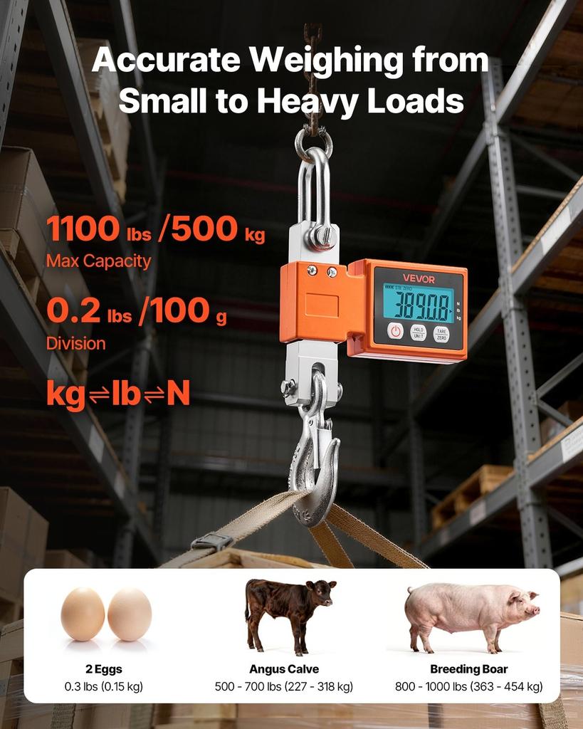 Digital Crane Scale, 1100 lbs/500 kg Max Capacity, Heavy Duty Industrial Hanging Scale with Cast Aluminum Case & LCD Display, 100 g Division & 3 Unit