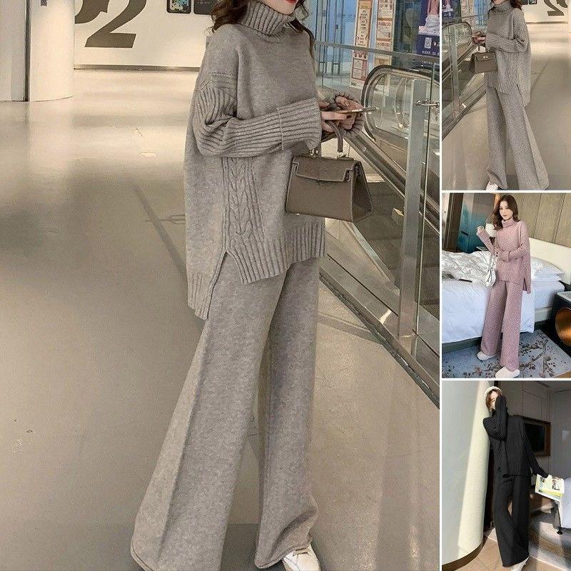 Podzim Zima Volný Ležérní Svetr Kalhoty se Širokými Nohavicemi Dvoudílný Set Ženy Líný Styl Hong Kongská Móda