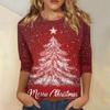 Women's Fashionable Casual Three Quarter Sleeve Christmas Printed Collar Pullover Top