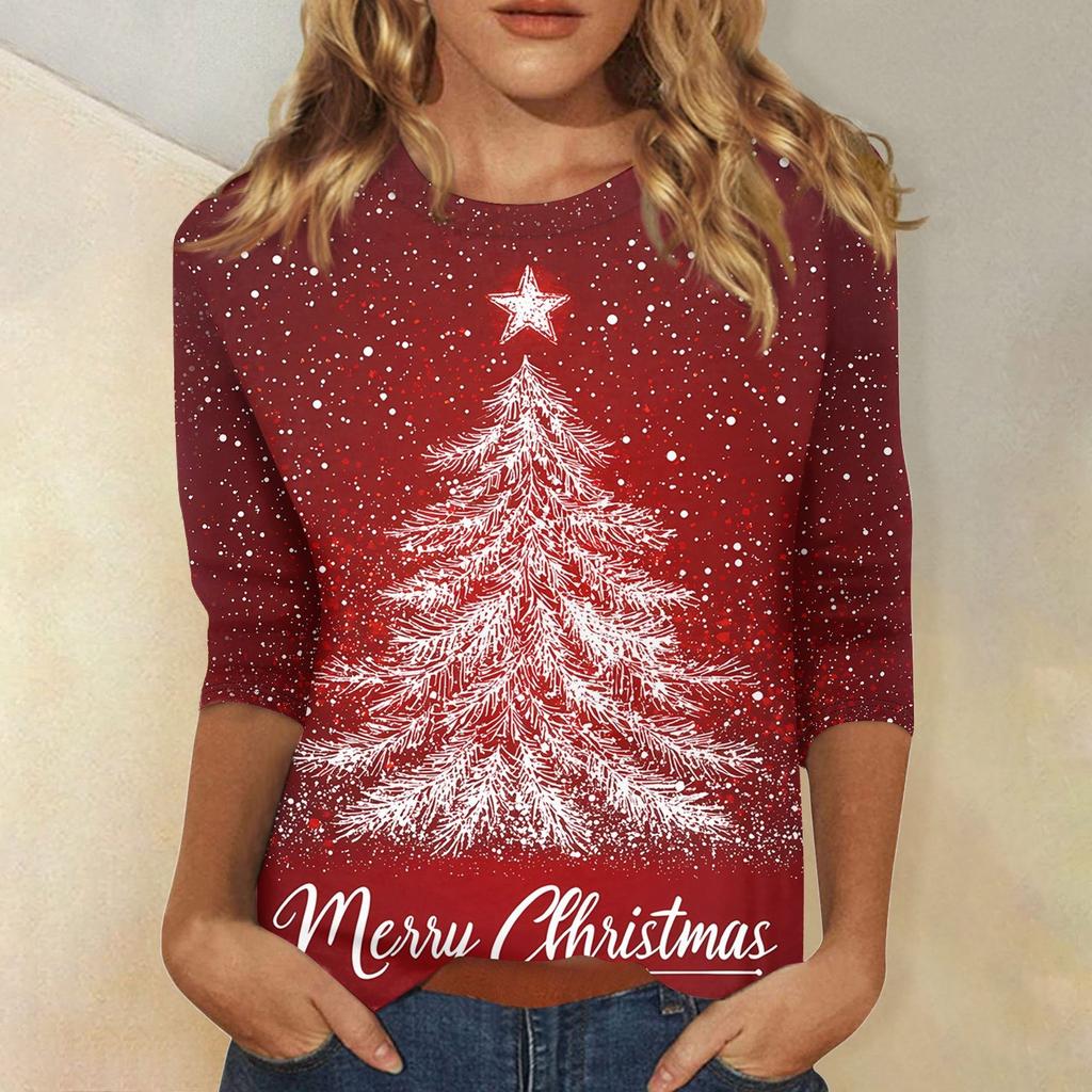 Women's Fashionable Casual Three Quarter Sleeve Christmas Printed Collar Pullover Top
