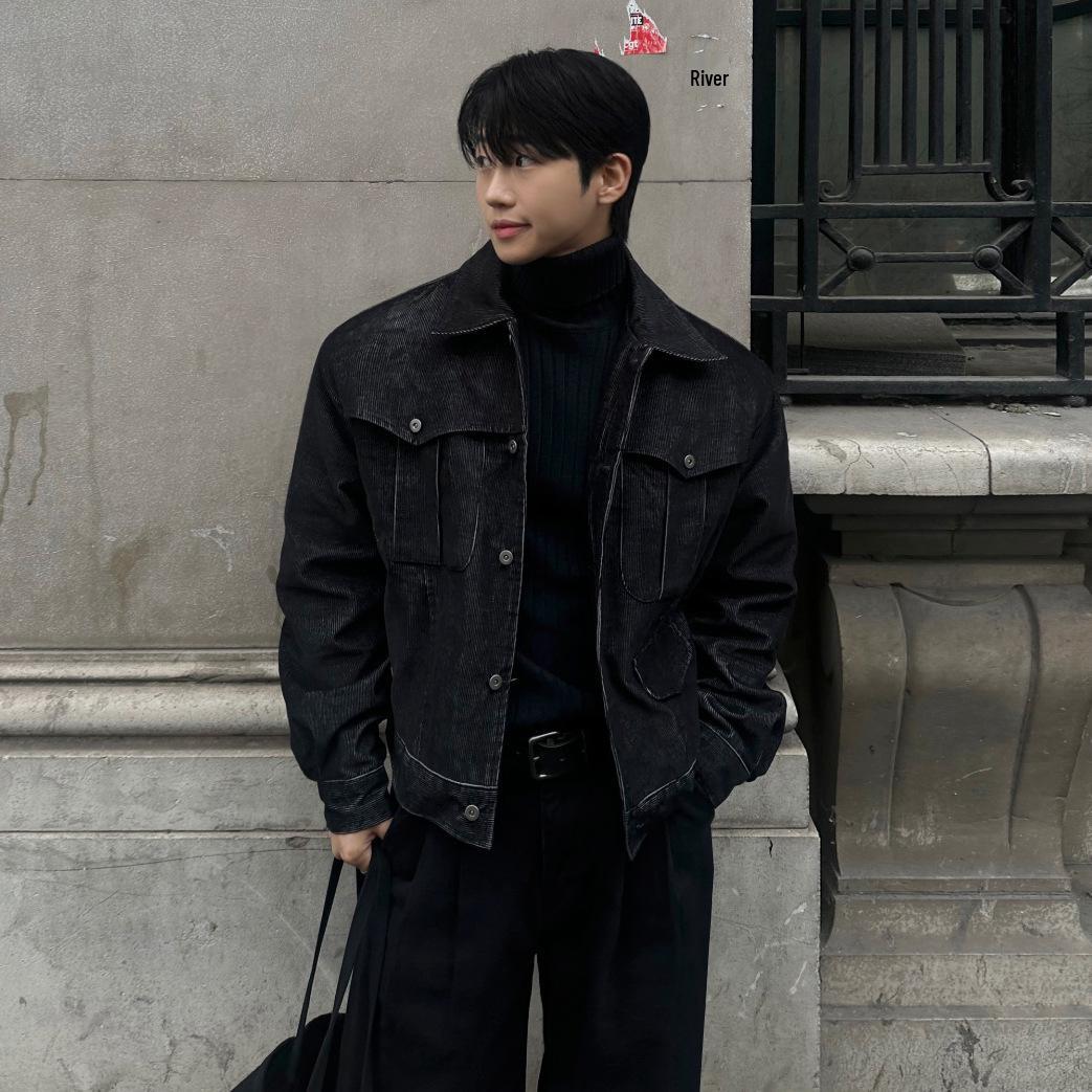 

BJ Men s Retro Korean Style Thickened Workwear Jacket - Autumn/Winter Loose Fit Outerwear Extra Large чорний