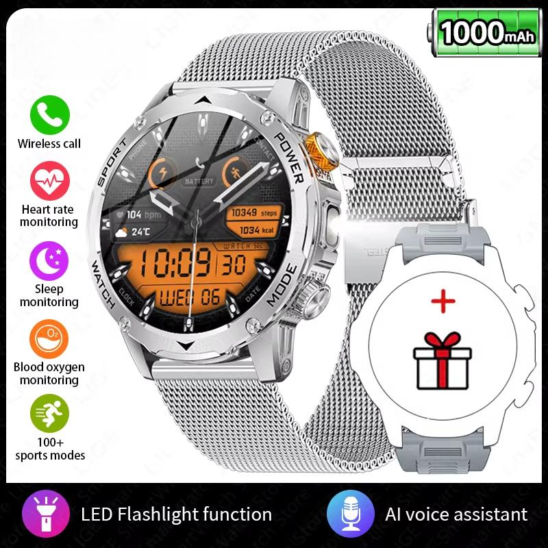 2025 Neue Smartwatch Mann 1000mAh Lange Standby Outdoor Smartwatch Männer LED Taschenlampe Wasserdicht Herzfrequenz Sport BT Anruf Smartwatches