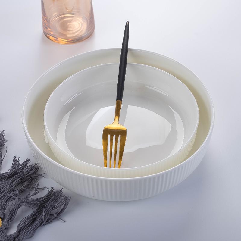 Korean Style White Bone China Vertical Stripe Dish - Shallow & Deep Options
