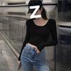 Women's Sexy Black Deep U-Neck Long-Sleeve Cropped T-Shirt
