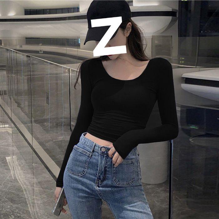 Women's Sexy Black Deep U-Neck Long-Sleeve Cropped T-Shirt