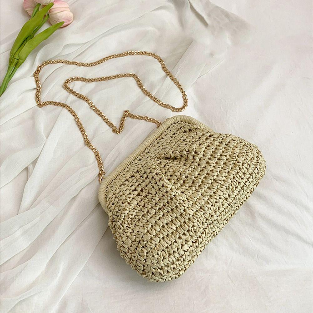 Hollowed Out Shell-shaped Weave Bag Chain Strap Beach Bag Casual Straw Shoulder Bag Summer