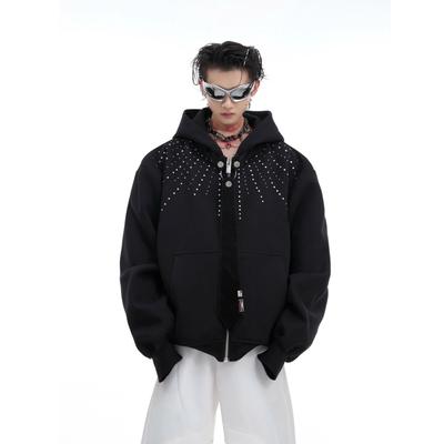 Retro Fine Flash Rhinestone Hooded Sweatshirt Cardigan Jacket Detachable Tie Pullover