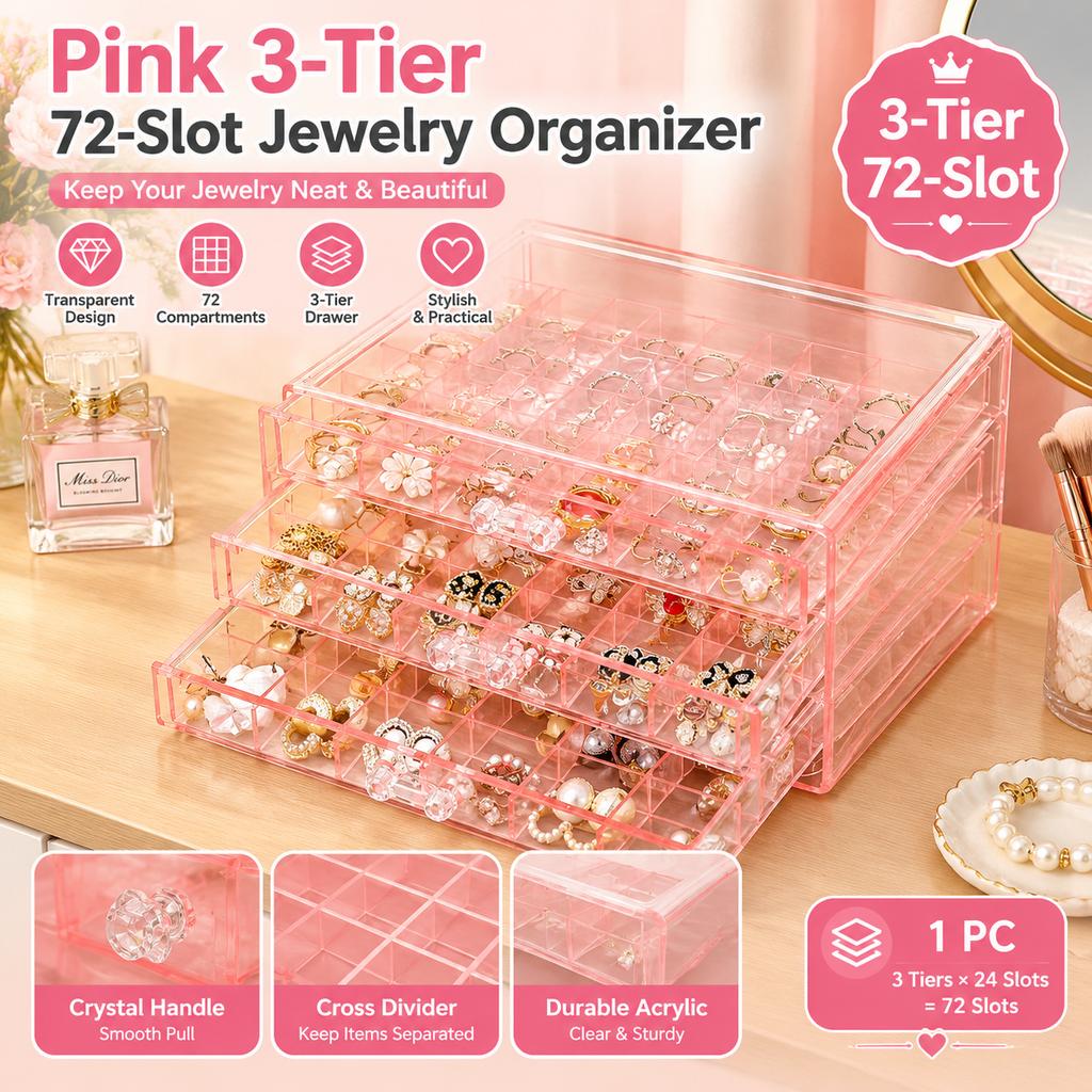 3-Tier 72-Slot Plastic Jewelry Organizer