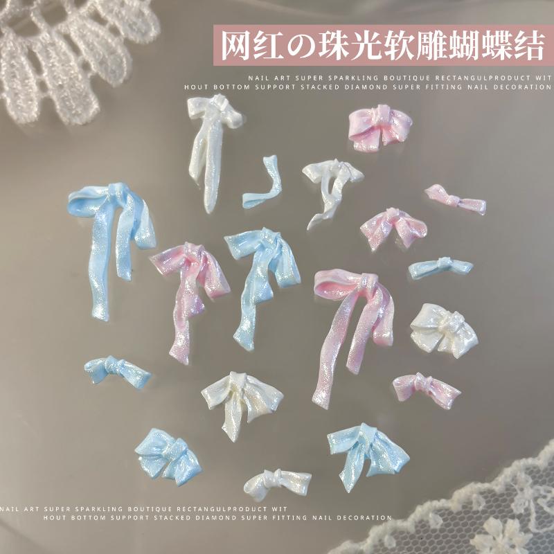 50 Pcs Bowknot Nail Art Decorations 3D Satin Light Nail Charms Colorful Ribbon Bow Rhinestone Diy Manicure Tools Parts