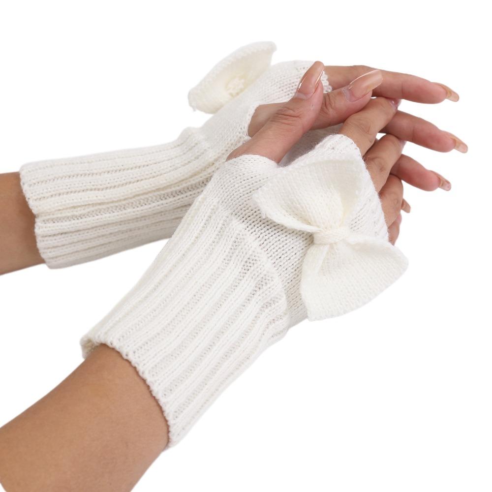 Thick Warm Bowknot Knitted Gloves Soft Half Finger Gloves Cute Arm Warmers  Women Girls