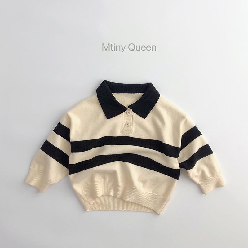 Mori Style Children's Knitted Sweater - Striped, Two-Button, Turn-Down Collar, Casual and Fashionable for Boys and Girls in Spring and Autumn.