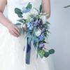 9 Inches Dusty Blue Cascading Bride Bouquet Waterfall Wedding Flower, Rose Peony Bride Bouquet with Eucalyptus for Centerpiece, Party and Wedding