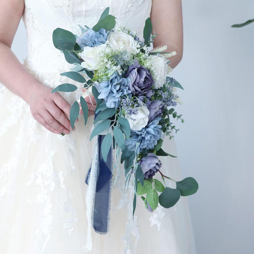 9 Inches Dusty Blue Cascading Bride Bouquet Waterfall Wedding Flower, Rose Peony Bride Bouquet with Eucalyptus for Centerpiece, Party and Wedding