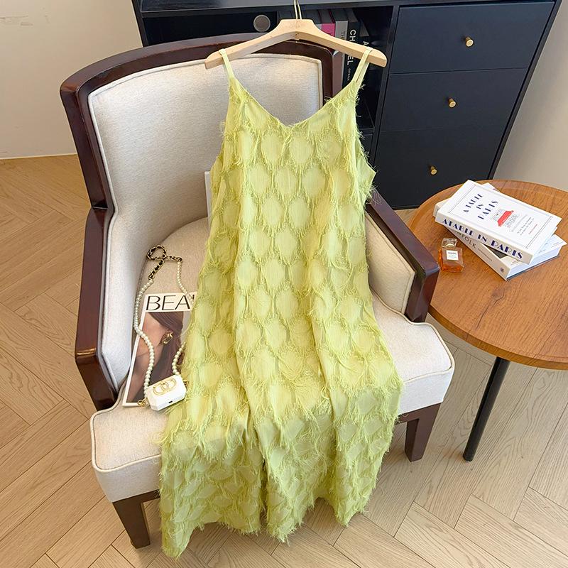 Plus Size Women's Spring/Summer 2025 Fringe Tank Dress & Knitted Cardigan Set