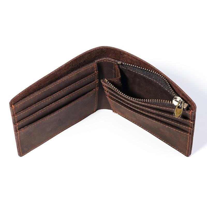 Men's Bifold Wallet with Zipper Coin Pocket Crazy Horse Leather Multi Card Slots Vintage Short Wallet for Men Genuine Leather