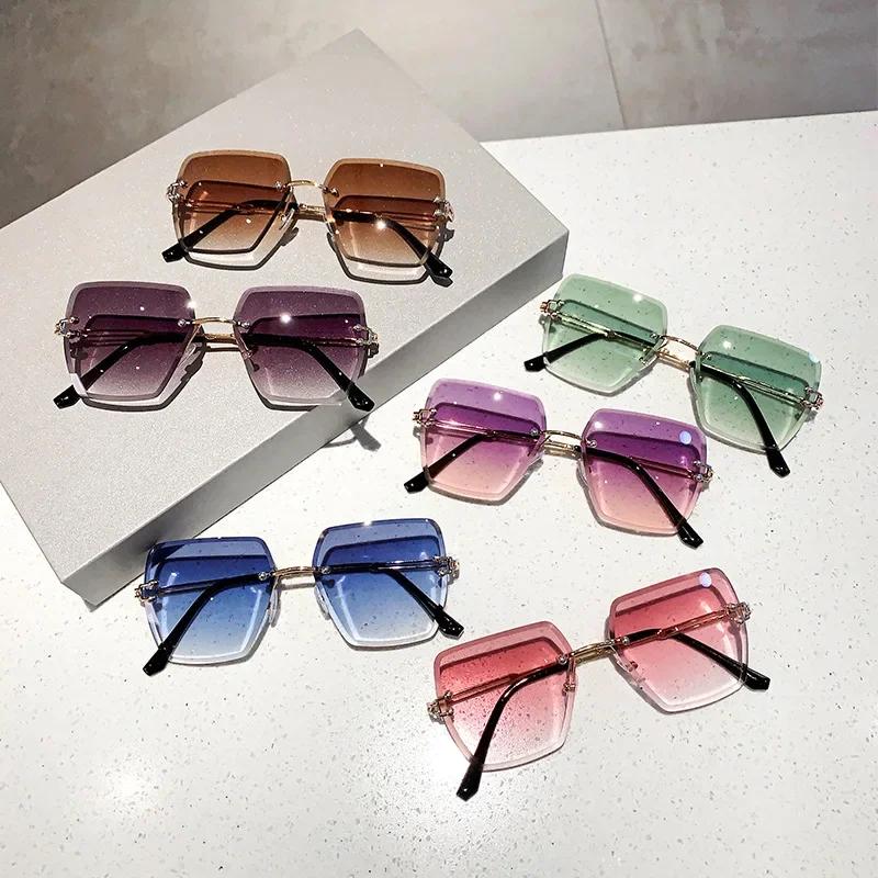 New Trendy Sunglasses Diamond-Cut Frameless Rectangle Shades Gradient Ocean Lens Uv400 Summer Traveling Sun Glasses For Women