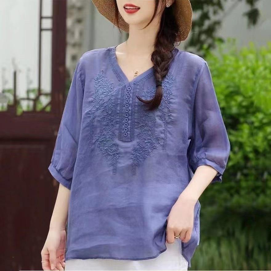 Women V Neck Embroidered Linen Blouse 3/4 Sleeve Loose Casual Vintage Summer Shirt M-4XL