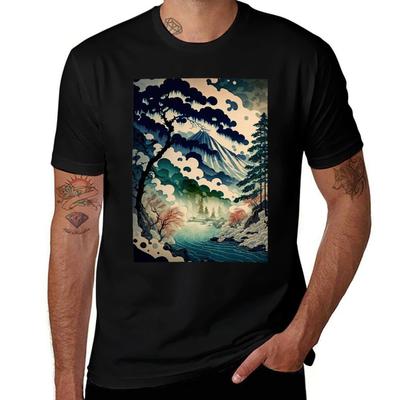 Ukiyo e Stil Landschaft T-Shirt lustige T-Shirts schwarzer Humor T-Shirt Mann Luxus lustige T-Shirts Mann T-Shirt