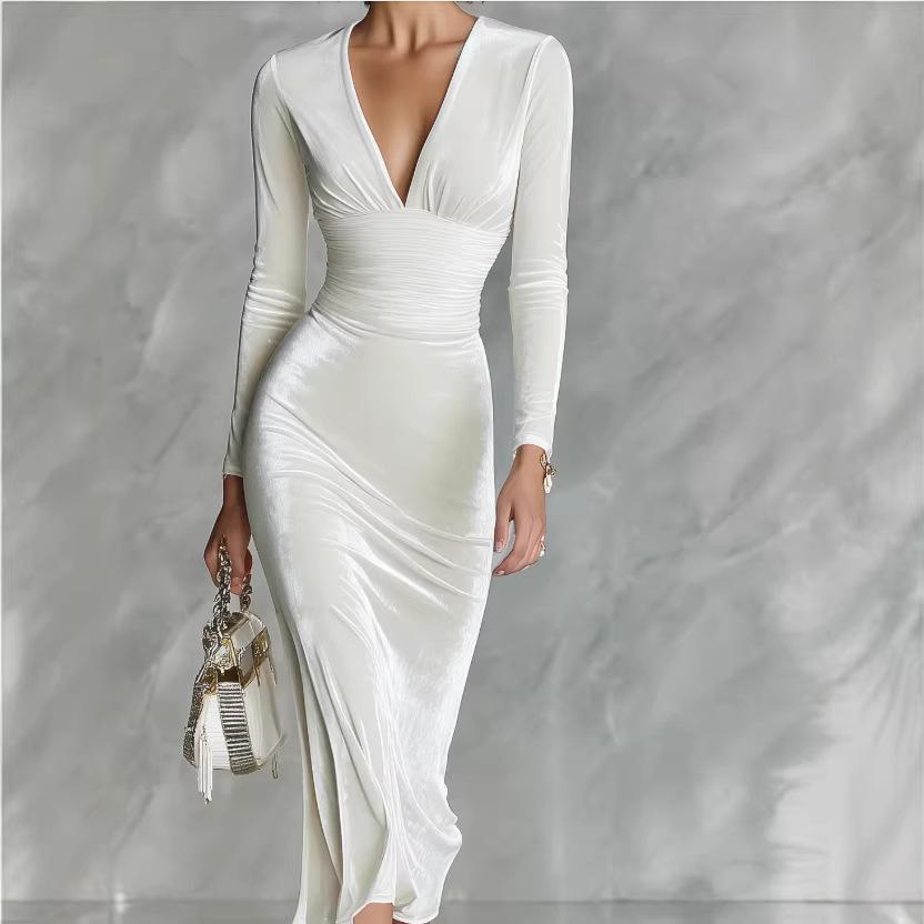White Deep V-neck Long-sleeved Slim-fit Medium and Long Dress, High Elastic Waist Fold Hip Wrap Banquet Party