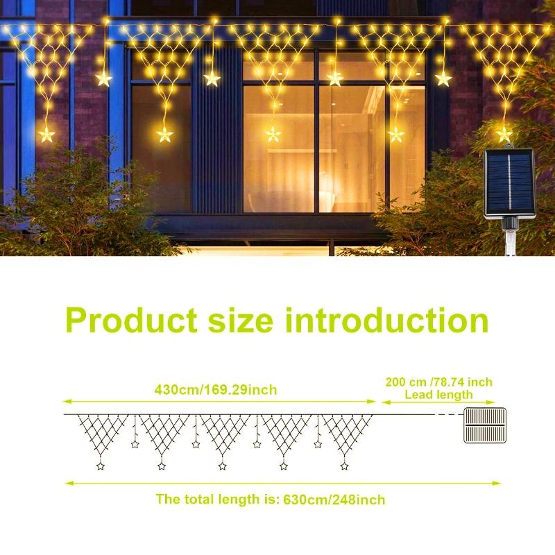 Outdoor Solar Icicle Pentagram String Lights 8 Lighting Modes Waterproof for New Year Christmas Garden Patio Staircase Holiday Decorative Lamps