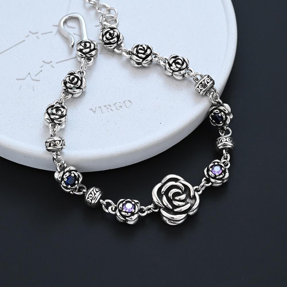 

100% Solid 925 Sterling Silver Retro Bracelet for Women Men Vintage Handmade Rose Shape Simple Bracelet Birthday Gift