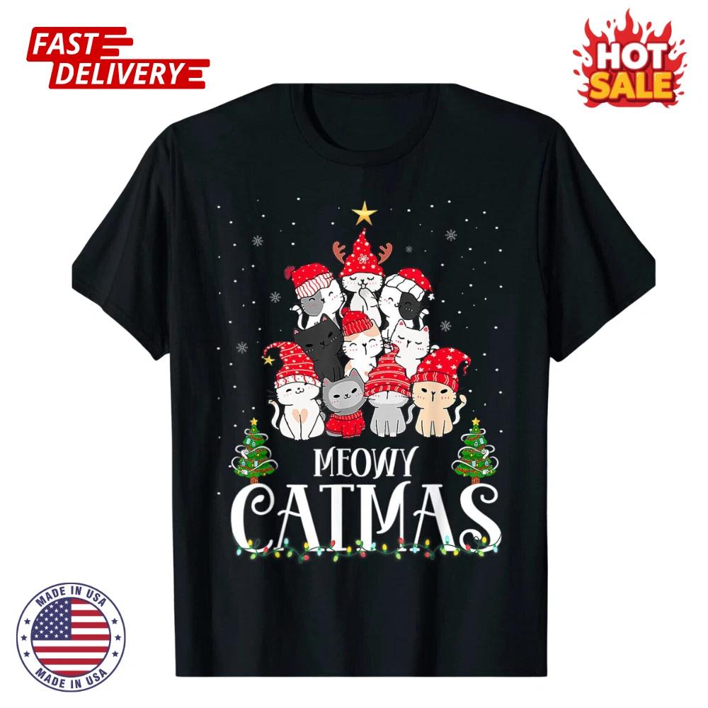 

SALE Meowy Catmas Cat Christmas Tree Xmas Funny Santa Women Men Inspired T shirt L