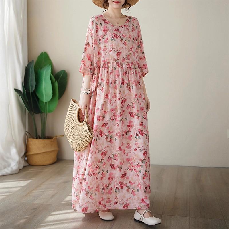 Sweet bohemian pink five-quarter sleeve floral crew neck dress women's summer loose waist thin A-shaped long dress